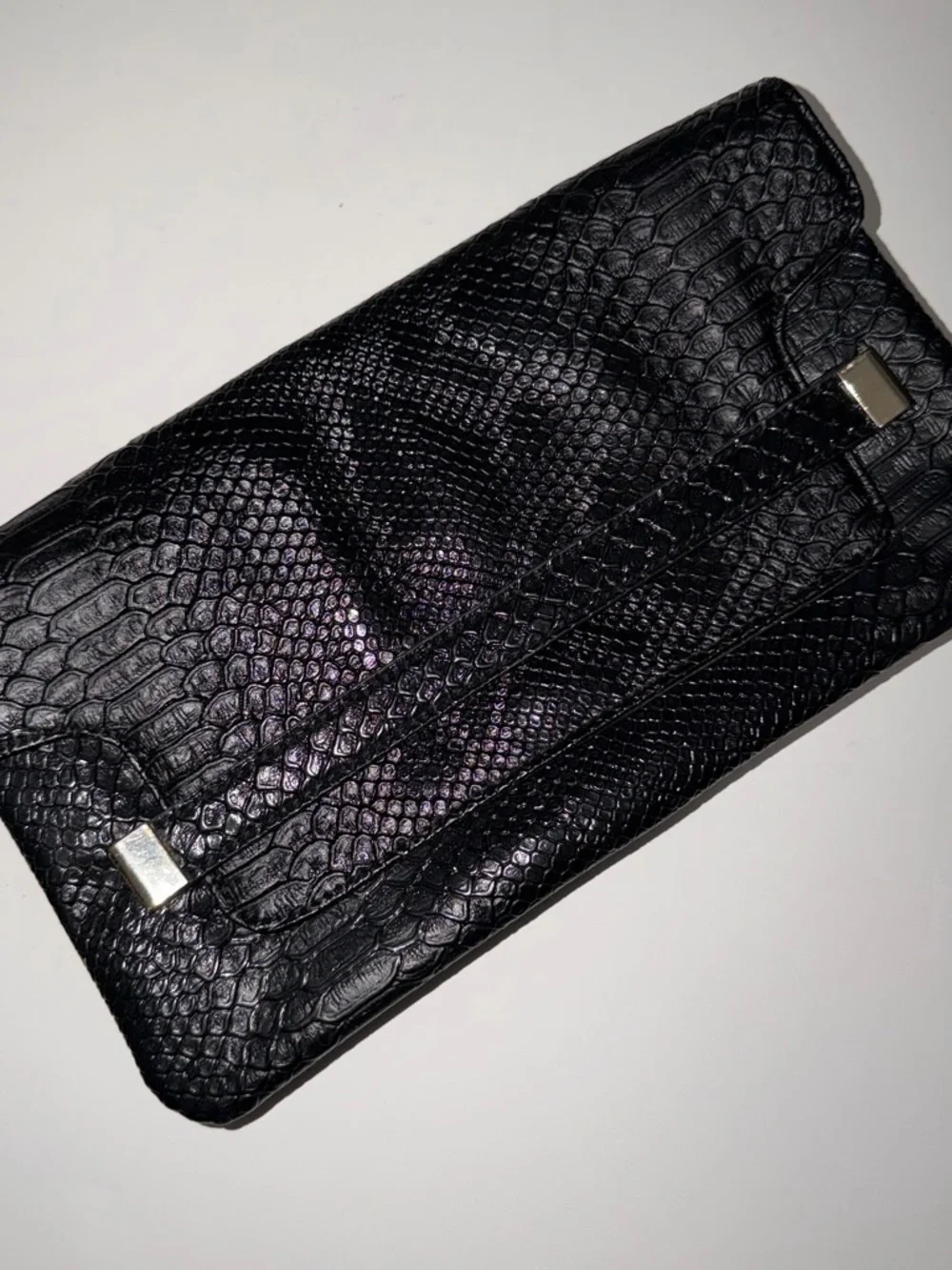 Zara Black Textured Snake-Embossed Clutch